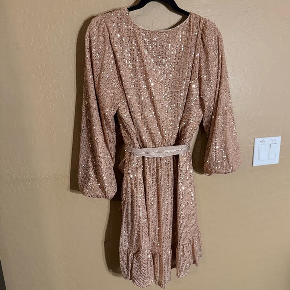 NWT LC Lauren Conrad LS long Sleeve champagne sequin midi dress Large GORGEOUS - Picture 7 of 10